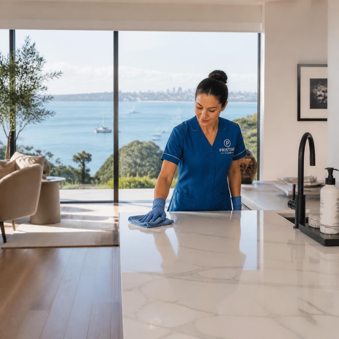 Professional cleaner polishing a marble kitchen island in a luxury Auckland home with harbour views