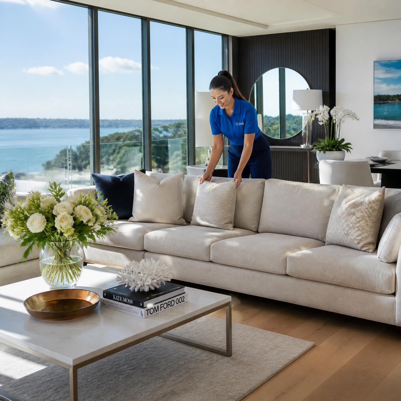 Immaculate luxury living room with harbour views and professional cleaner fluffing cushions
