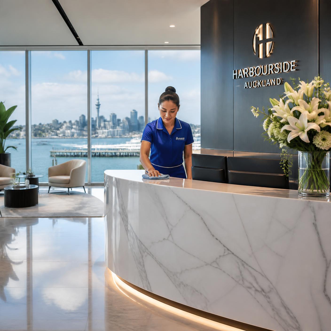 Premium Auckland office reception being cleaned to a spotless shine