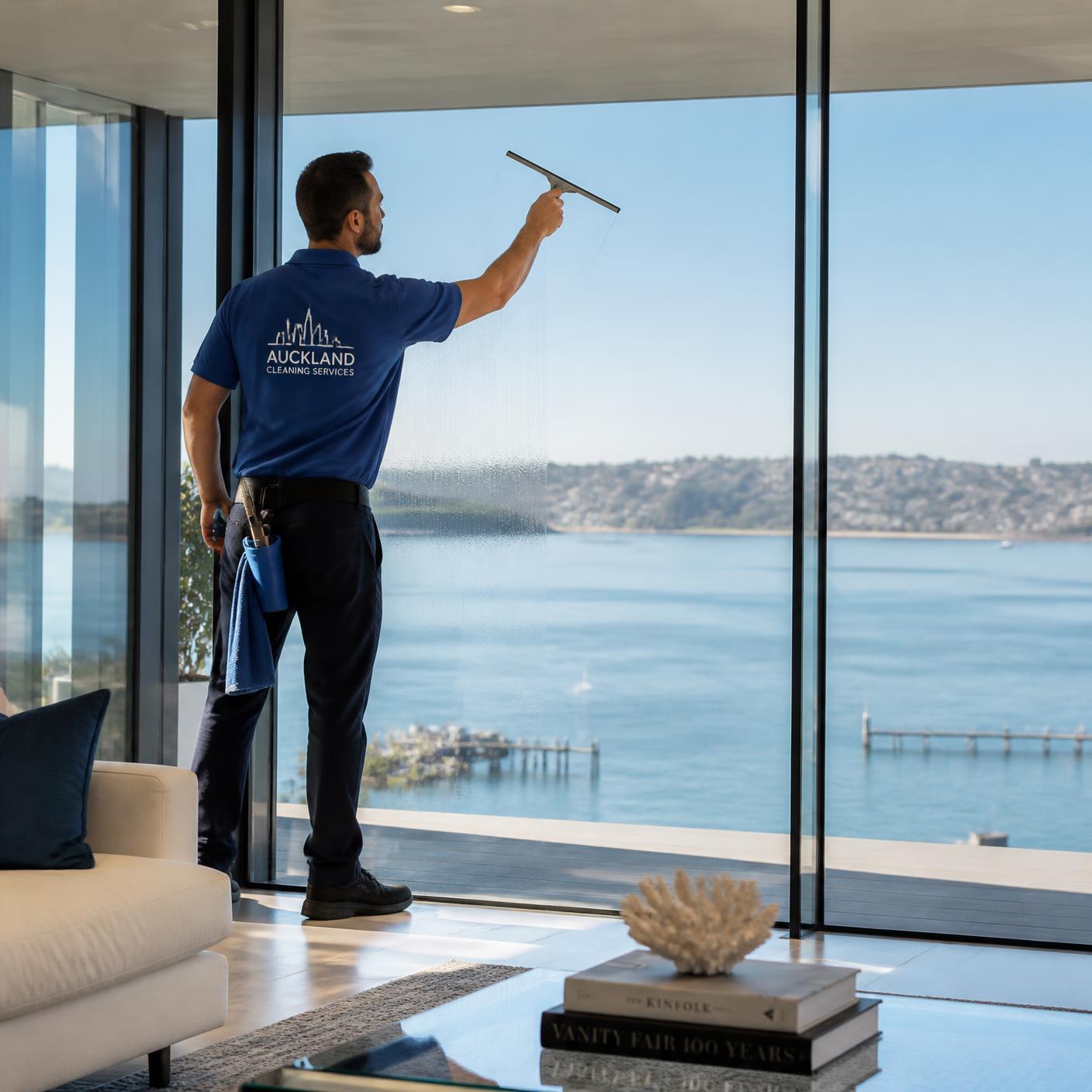 Professional cleaner using a squeegee on floor-to-ceiling windows overlooking the Auckland harbour